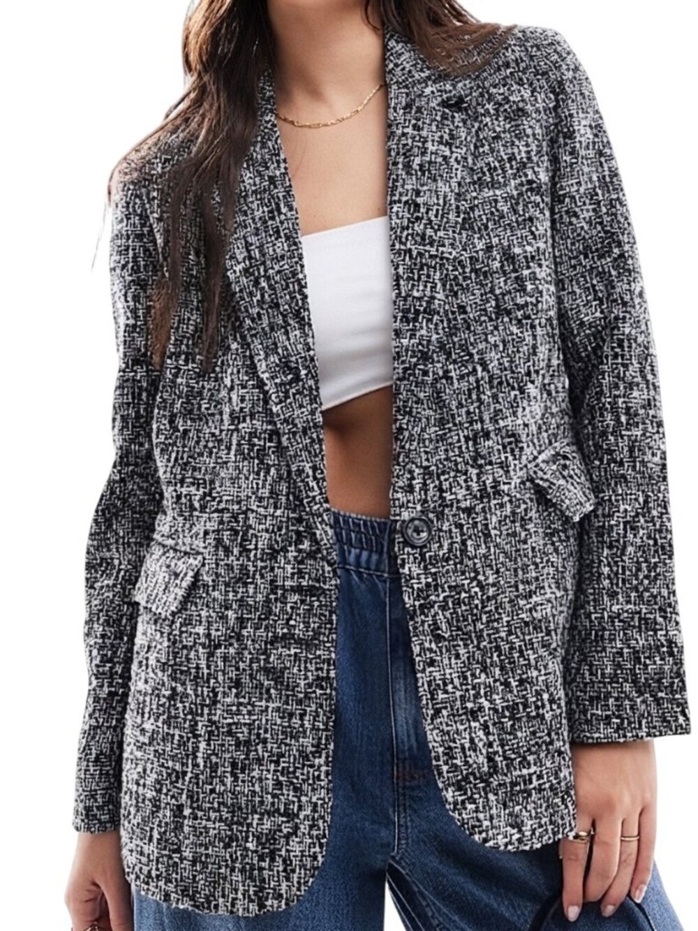 Abercrombie & Fitch Tweed Jacket Long Sleeve Black White Medium